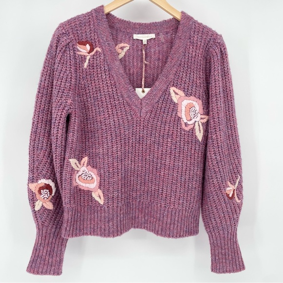 NWT LoveShackFancy Chunky Ridge Sweater with Floral Embroidery in Berry Size SM - Picture 6 of 15